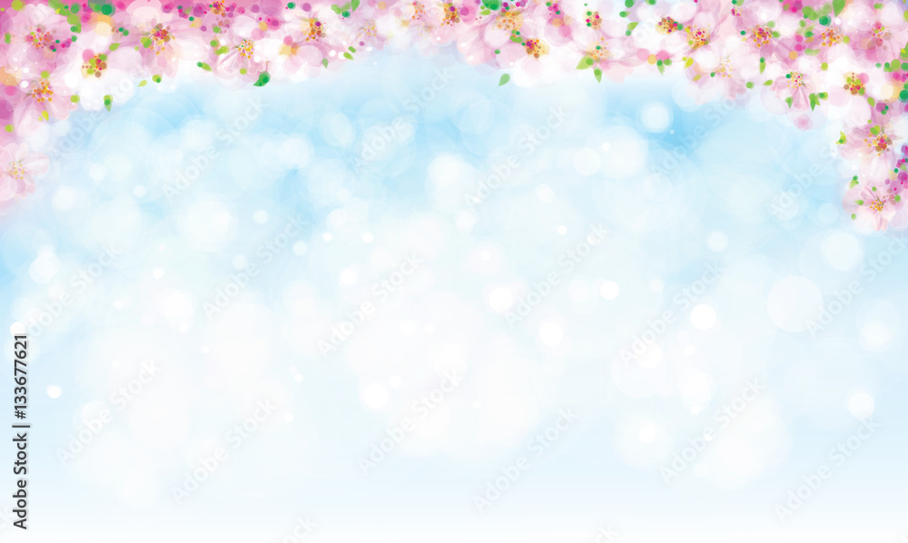 Vector blossoming sakura tree border on sky bokeh background. Vector blossoming sakura tree border on sky bokeh background.