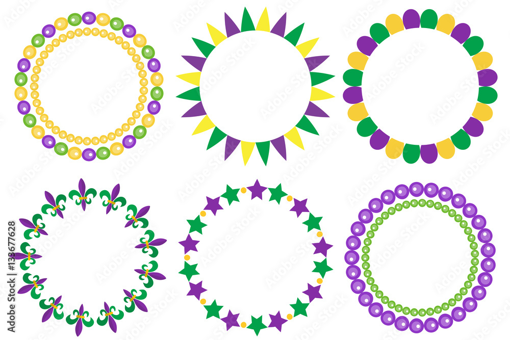 Mardi Gras frame set. Cute round border with space for text. Isolated