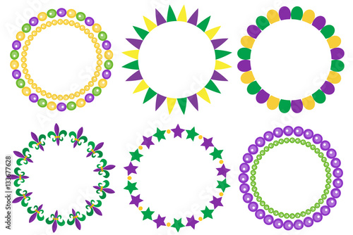Mardi Gras frame set. Cute round border with space for text. Isolated on white background. Vector illustration