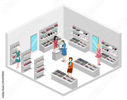 Isometric flat 3D isolated vector interior cosmetics shop
