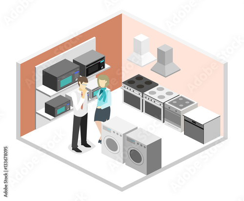 Isometric flat 3D concept vector cutaway interior household equipment store