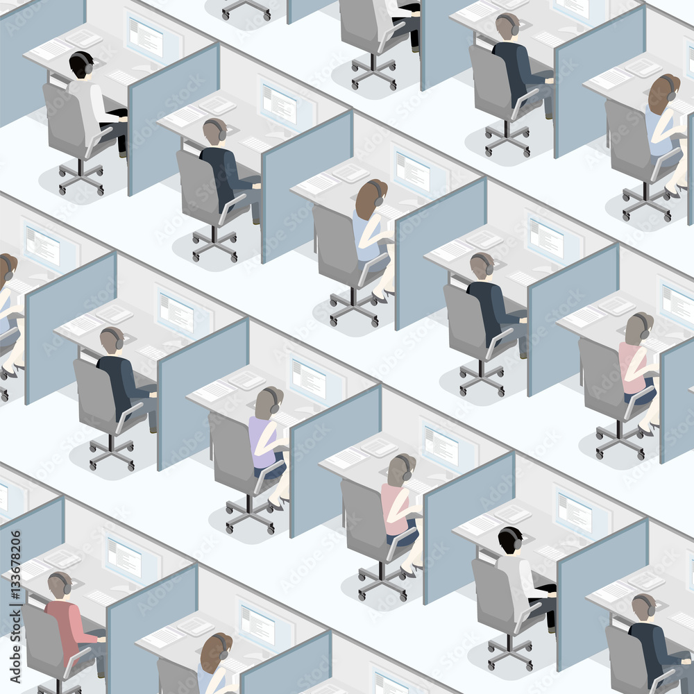 Isometric flat 3D interior call center. Customer support. Isometric flat 3D interior call center. Customer support.