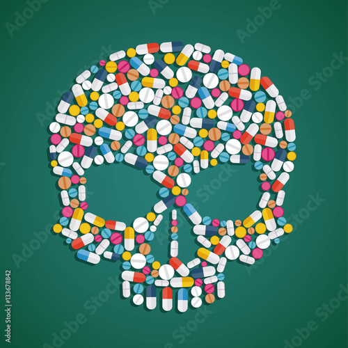 Skull is composed of pills and tablets. Stock vector flat graphi