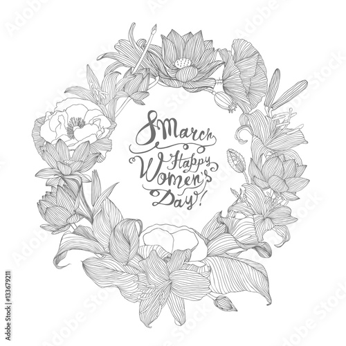 8 march. Happy Woman's Day! Linear floral wreath