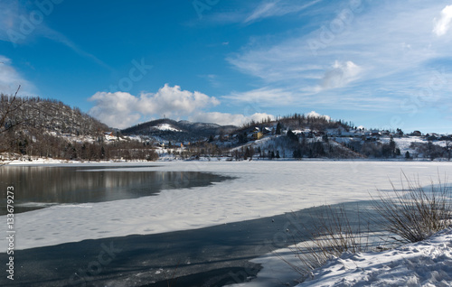 winter panorama in Croatia, frozen lake in Fuzine