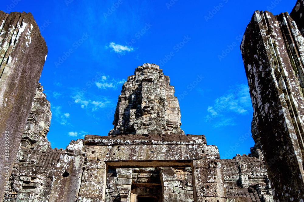 Bayon Temple with giant stone faces, Angkor Wat, Siem Reap, Cambodia.