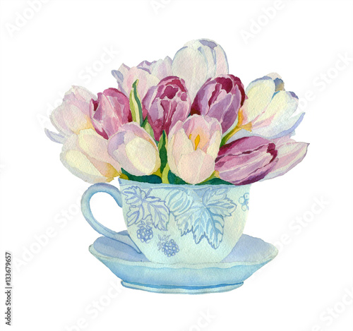 Watercolor tulips bouquet in a cup on a white background.