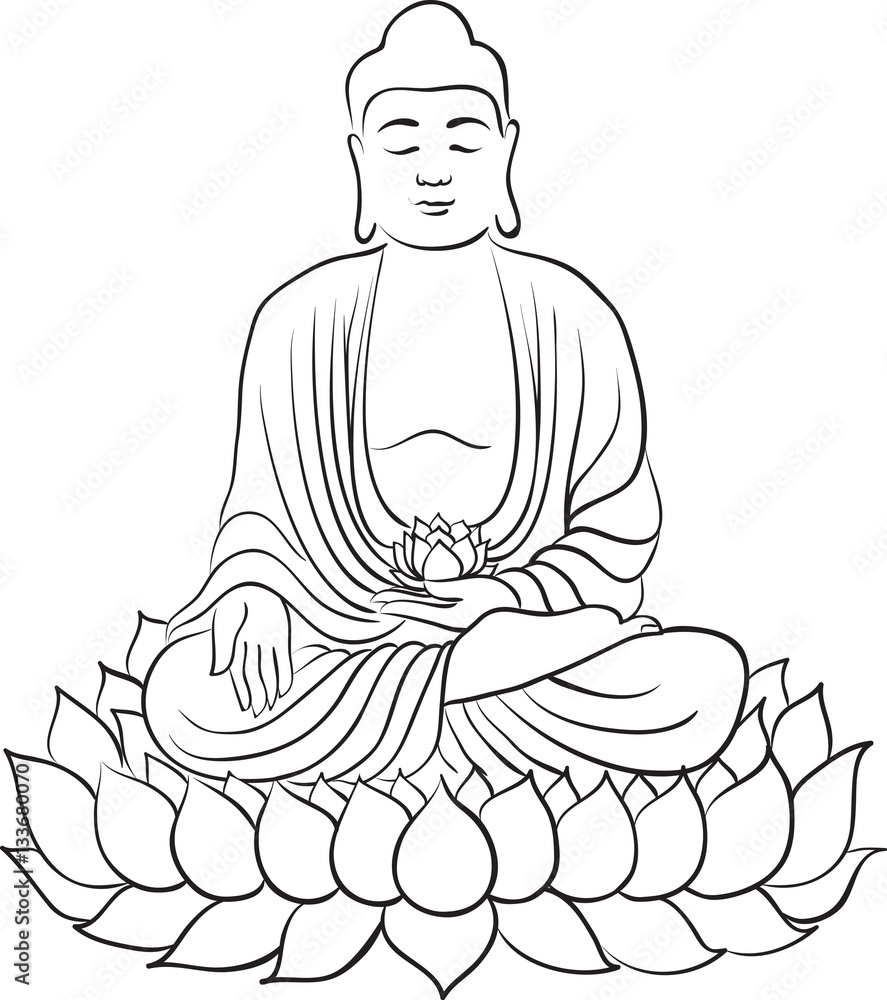 Drawing of a Buddha statue. Art vector illustration of Gautama. Buddhism Religion Drawing of a Buddha statue. Art vector illustration of Gautama. Buddhism Religion