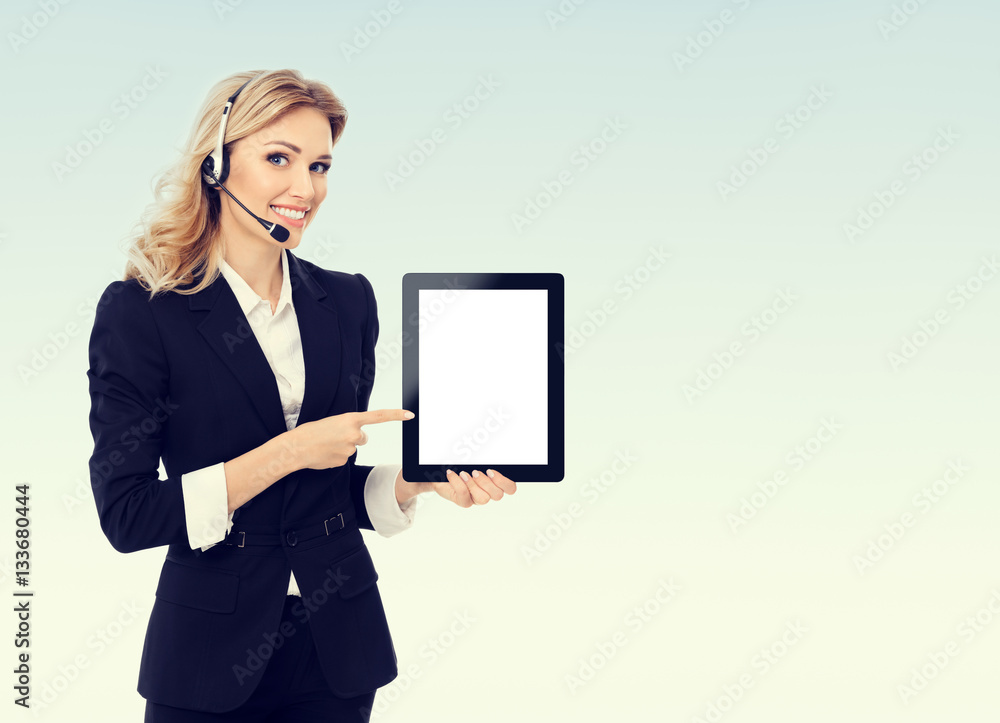 support phone operator showing blank no-name tablet pc monitor support phone operator showing blank no-name tablet pc monitor