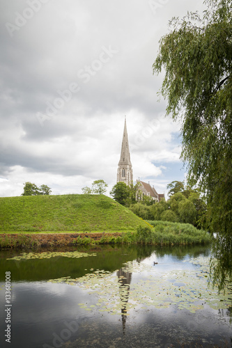 church in the park and lake