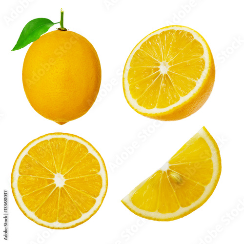 Set of whole and cut lemon fruit isolated on white background