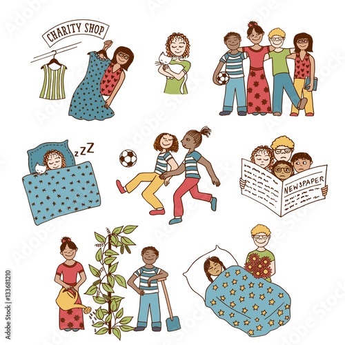 Collection of hand drawn children involved in various activities, like playing, sleeping, reading, caring for one another and doing charitable work