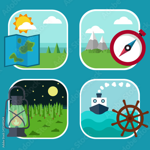 Set of flat icons. Map, compass, oil lamp and a steering wheel on the background of mountains, trees, sky, sun, moon, stars, ship, sea.