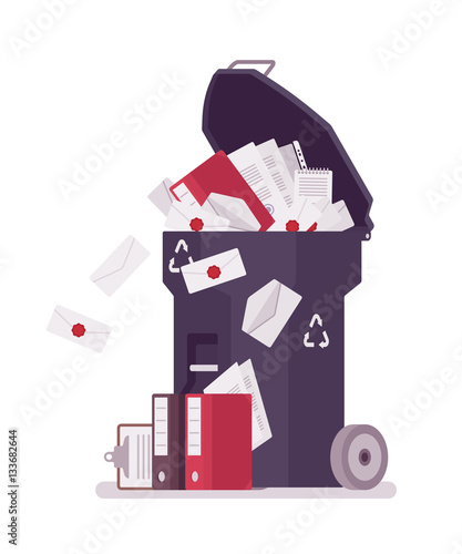 Blue trash bin with paper and documentation