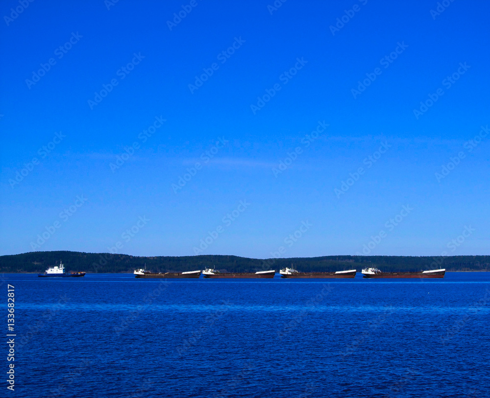 Ship caravan crossing the lake / Petrozavodsk / Karelia / Lake Onega
