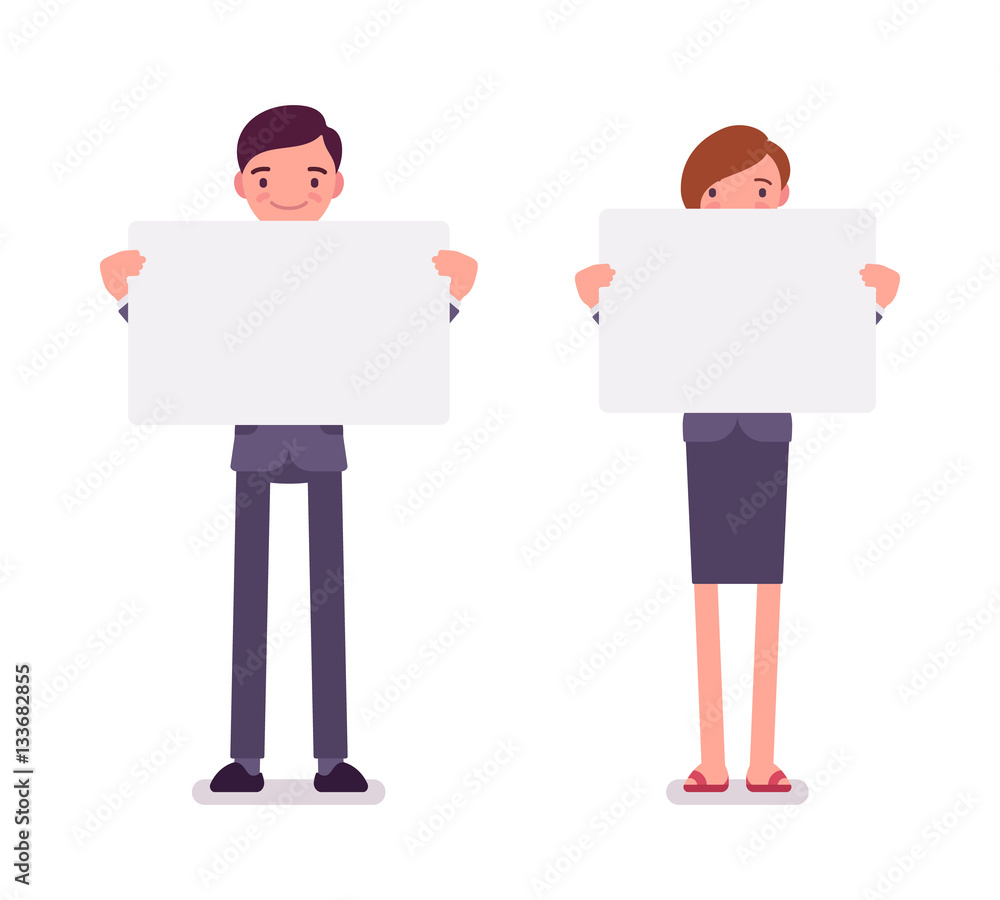 Man and woman with empty white boards, copy space Man and woman with empty white boards, copy space