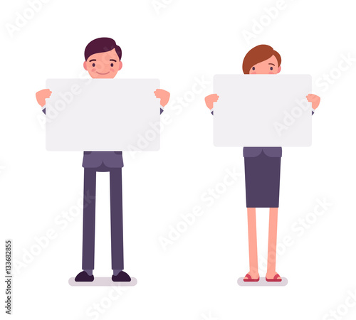 Man and woman with empty white boards, copy space