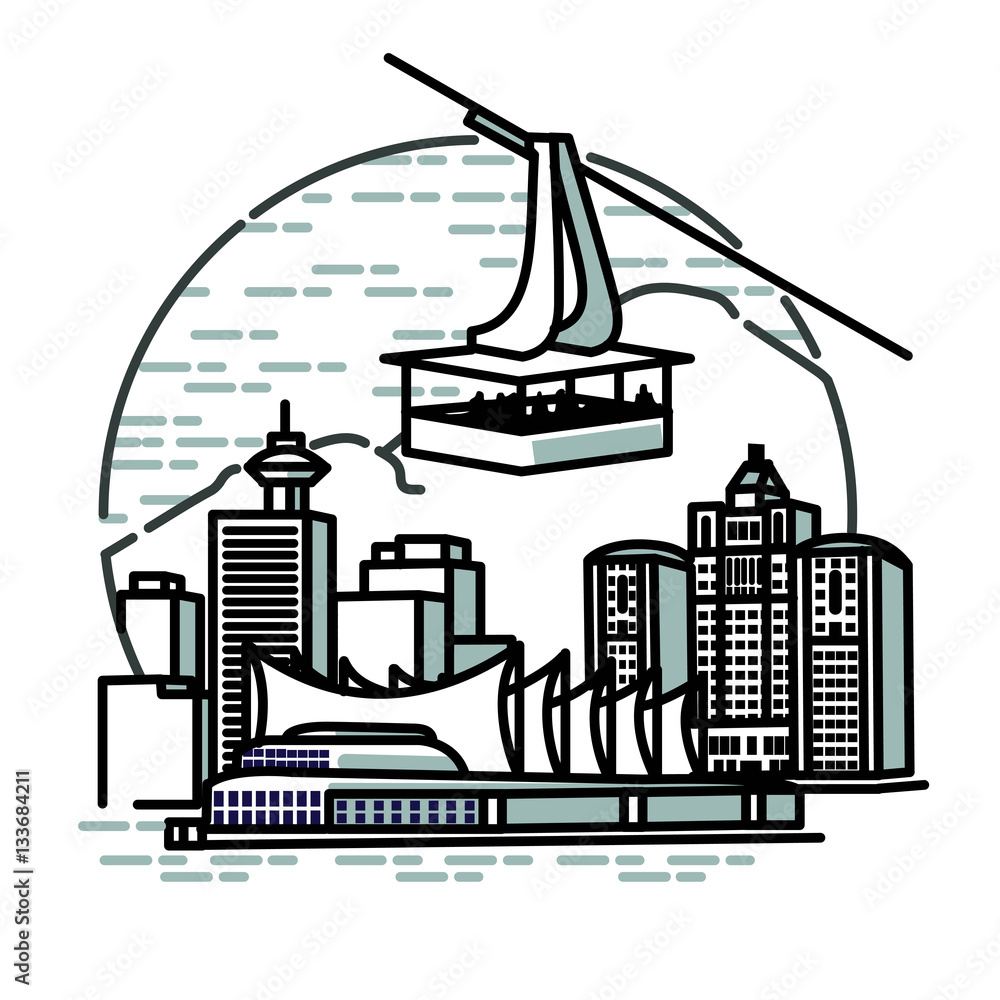 Obraz premium Skytram hovers over a circular vancouver city with buildings the pacific center, dock and shoreline structures & a large mountain behind