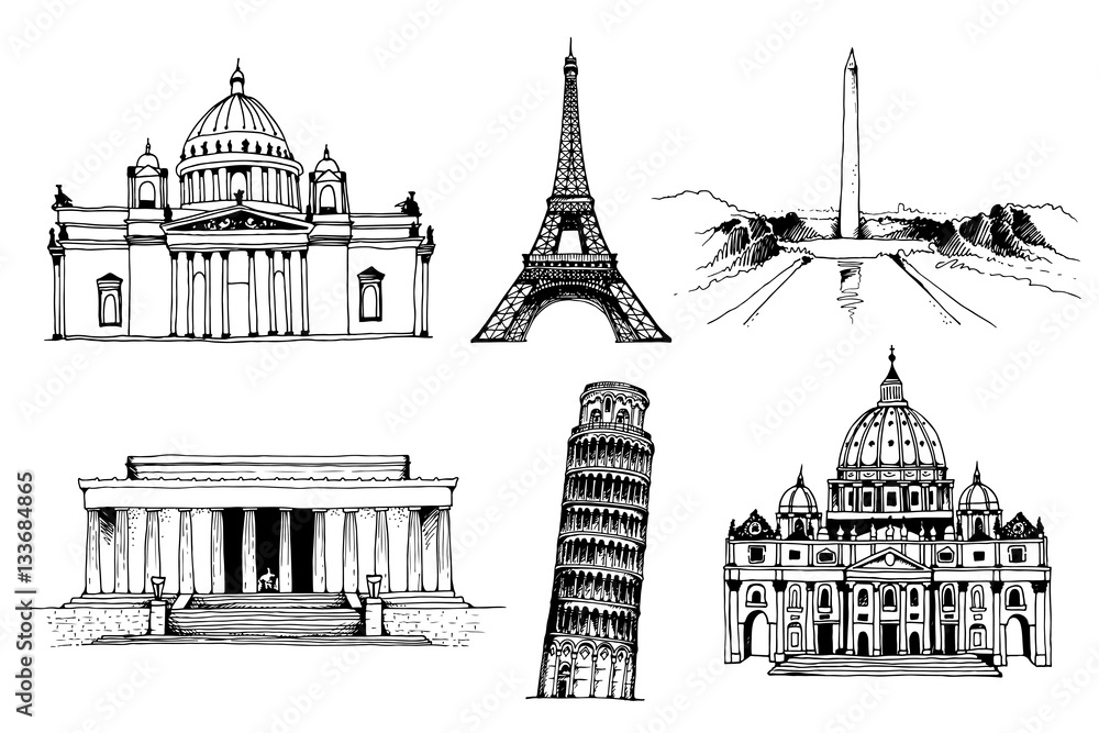 Saint Isaac's Cathedral, Eiffel Tower, Washington Monument, Lincoln Memorial, Tower of Pisa, St. Peter's Basilica vector illustration isolated on white background
