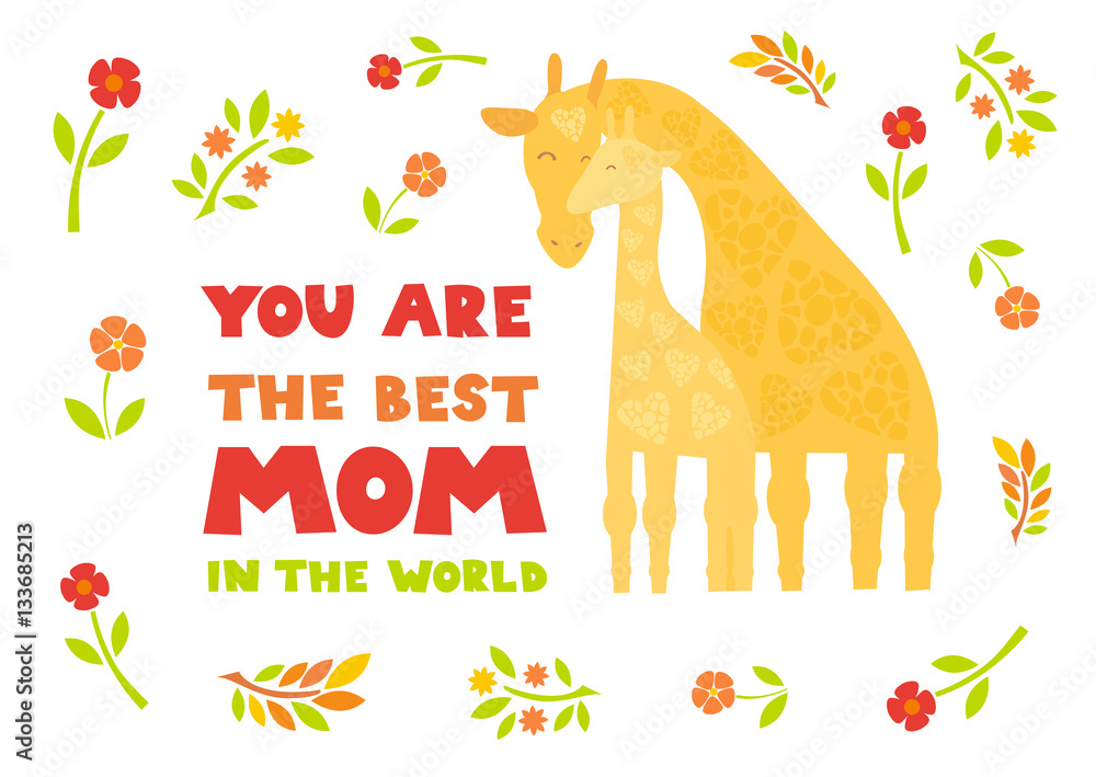 Cartoon Forest Animals Parent with Baby Mother's Day Card. Brightly colored  childish animals. Mothers and children. Vector illustration. Cute animals  for Mother's Day. Mother and baby giraffe Stock Vector | Adobe Stock