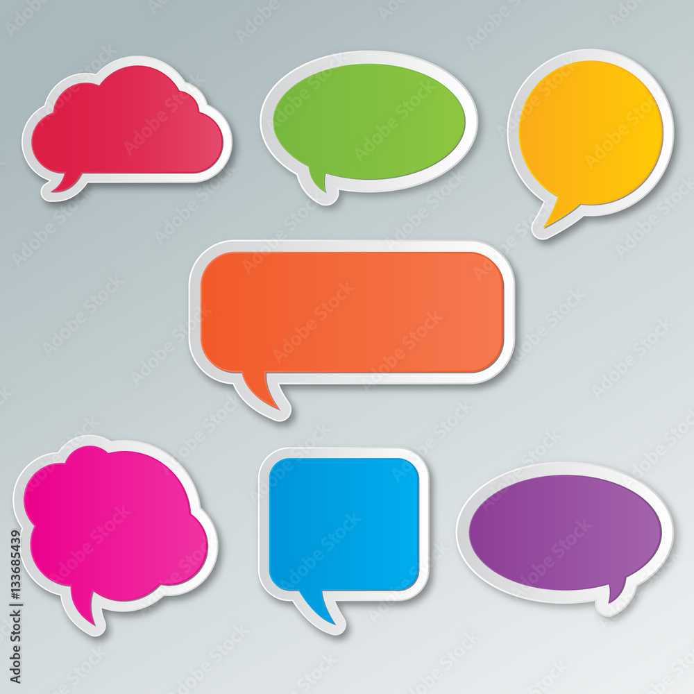 Set of blank empty colorful speech bubbles. Different design and color of comic bubble cloud collection. Set of blank empty colorful speech bubbles. Different design and color of comic bubble cloud collection.
