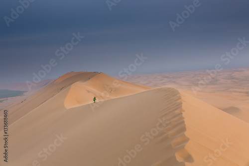 Fototapeta Naklejka Na Ścianę i Meble -  Dunes in the Khongoryn Els desert with blue sky and people at the top of the dune. Mongolia