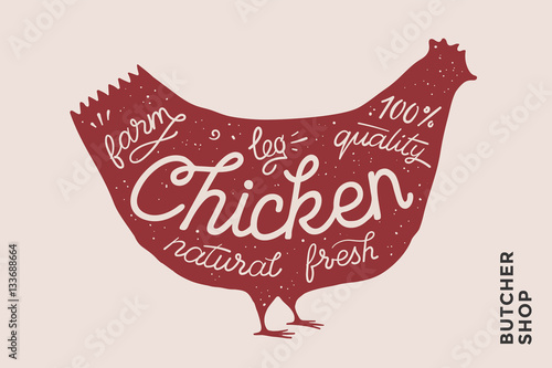 Trendy illustration with red chicken silhouette and words Farm, fresh, natural, leg. Creative graphic design for butcher shop, farmer market. Poster for meat related theme. Vector Illustration