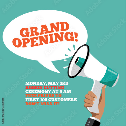 Grand opening megaphone background template. Bullhorn, hand, speech bubble and copy space to announce a business grand opening. EPS 10 vector.