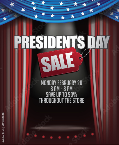 Presidents Day sale American flag curtains, stage and spotlight background template. EPS 10 vector stock illustration
