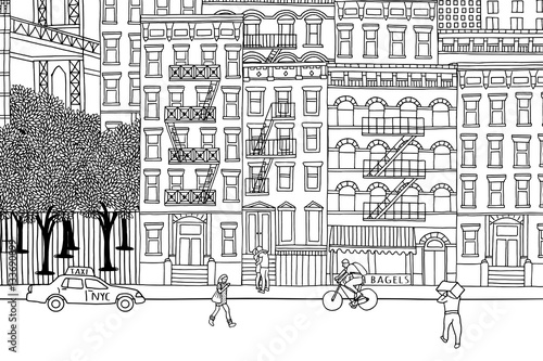New York City - Hand drawn urban scene of tiny people walking through NY