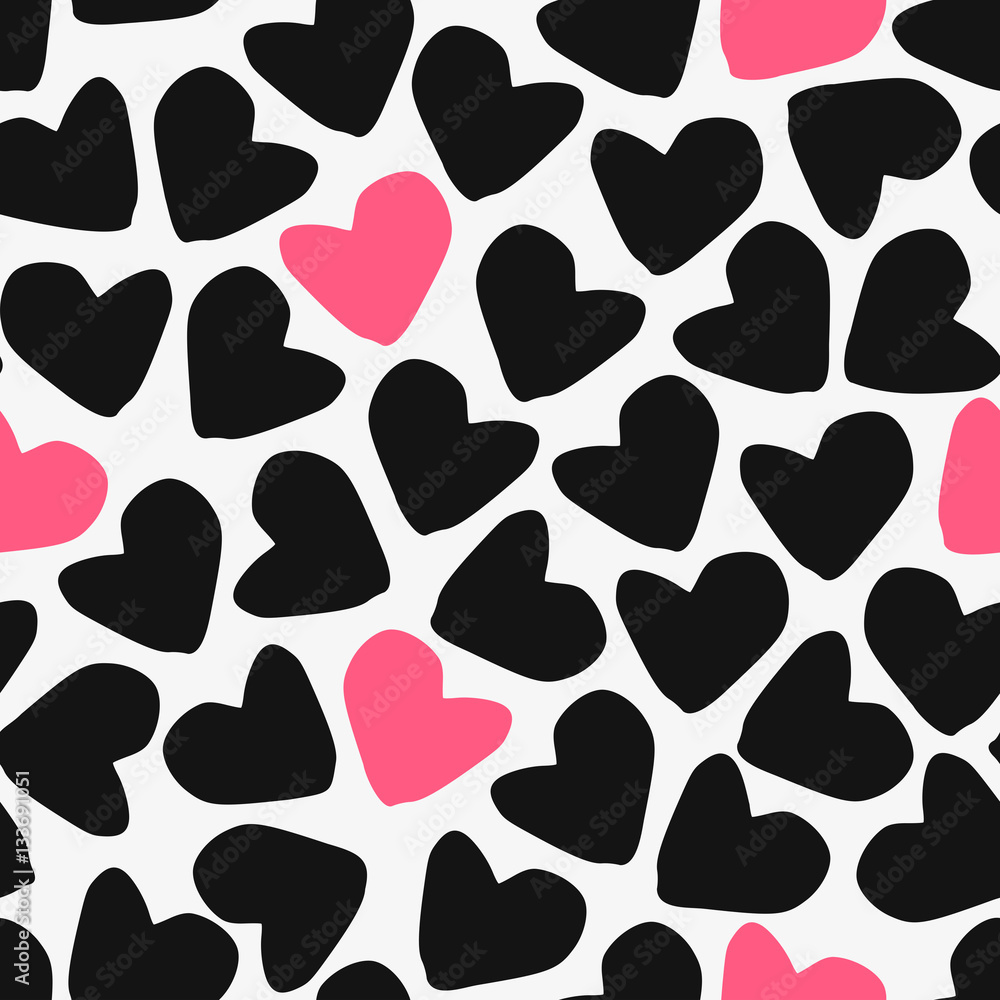 Seamless pattern with hearts in black and pink on white background. Seamless pattern with hearts in black and pink on white background.