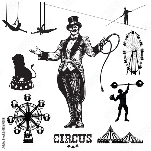 Circus and amusement park vector illustrations.Animal trainer. Showman