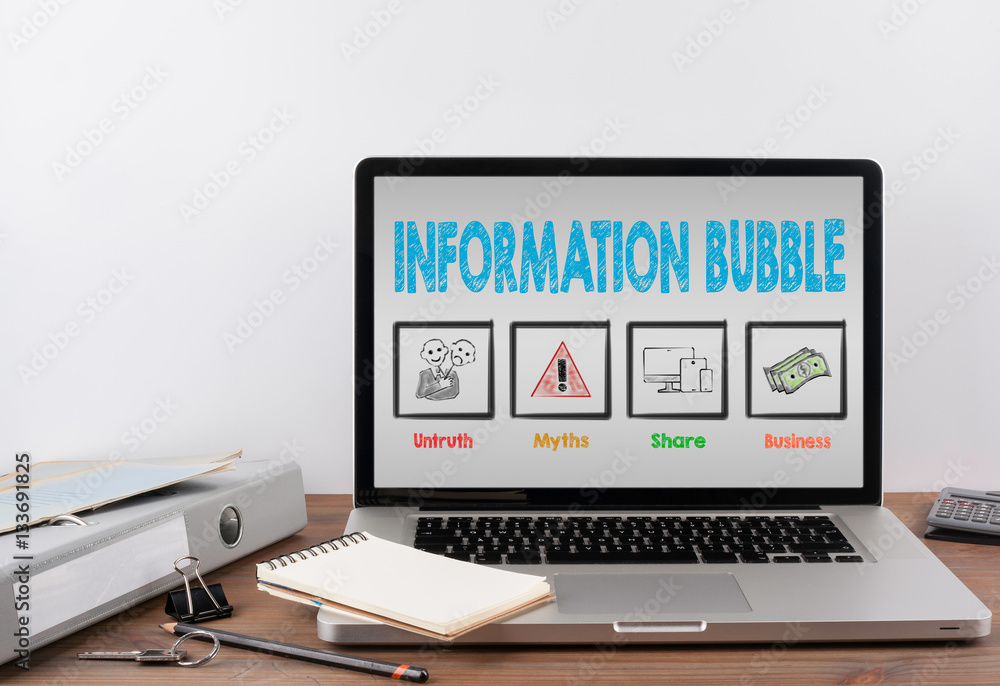 Information Bubble. Wooden Office desk with a laptop Information Bubble. Wooden Office desk with a laptop