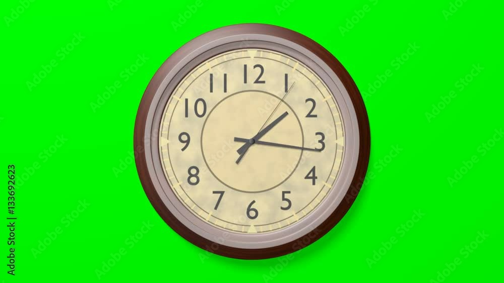 Retro clock on a green background with a looping animation.
