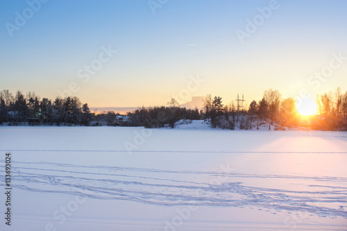 Sunset on the winter lake.