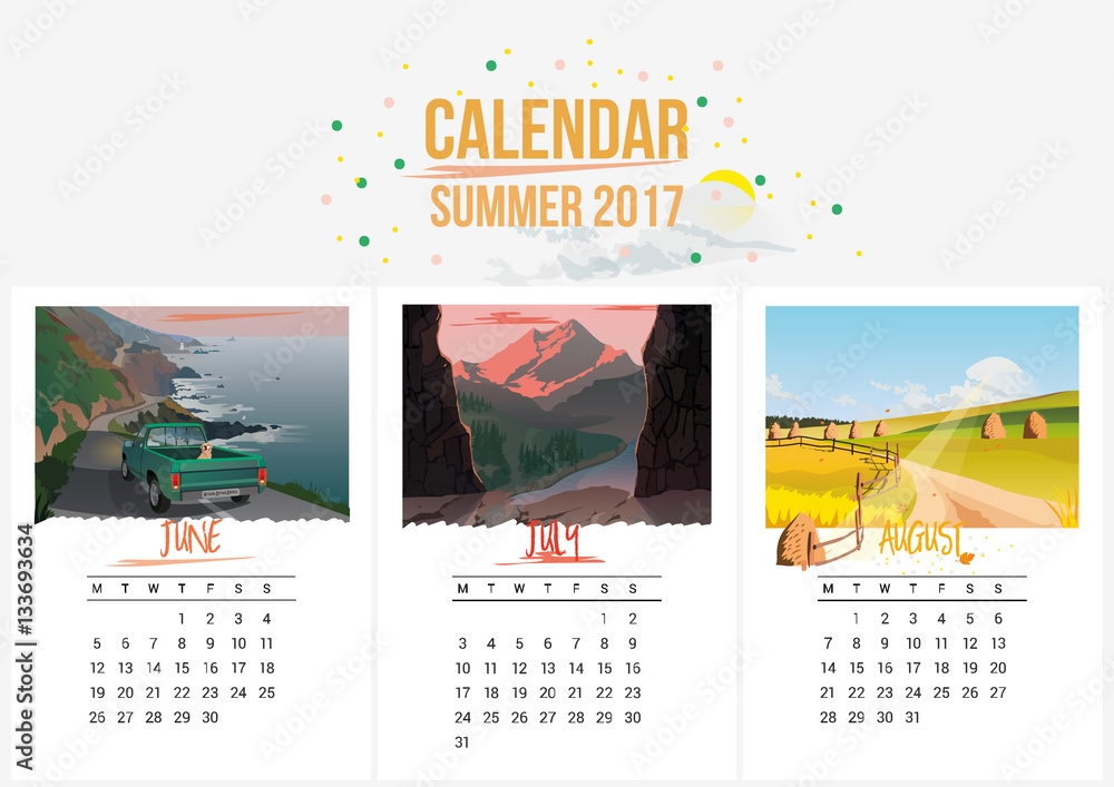 colorful cute seasons calendar of summer 2017 june july august can be used for web banner poster label and printable vector stock vector adobe stock