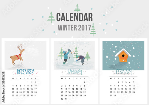 Colorful cute seasons calendar of Winter 2017. December, January, February. Can be used for web,banner,poster,label and printable. Vector