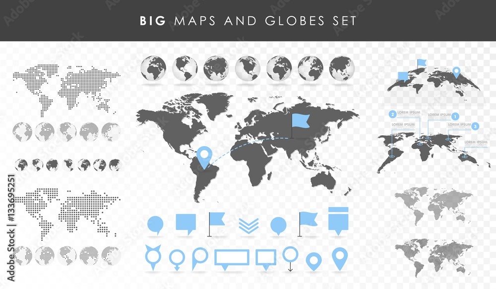 Naklejka premium Duży zestaw map i globusów. Kolekcja szpilek. Różne efekty. Ilustracja wektorowa przezroczysty