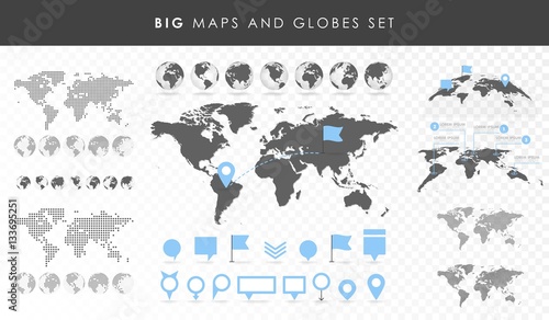 Big set of maps and globes. Pins collection. Different effects. Transparent Vector illustration