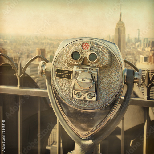 Binocular in New York City. Grunge and retro style.