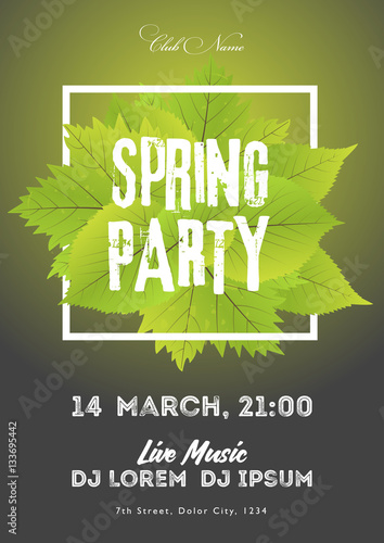 Spring night club party flyer invitation vector illustration. Poster template. Black and green background