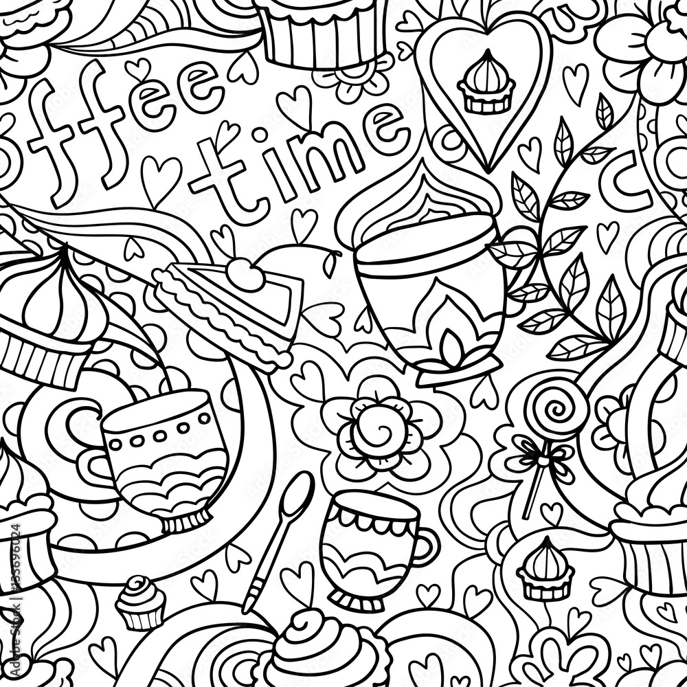 Doodle seamless pattern about coffee or tea time - coffee, tea Doodle seamless pattern about coffee or tea time - coffee, tea