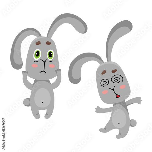 Set of cute and simple cartoon rabbits. Vector scared hares