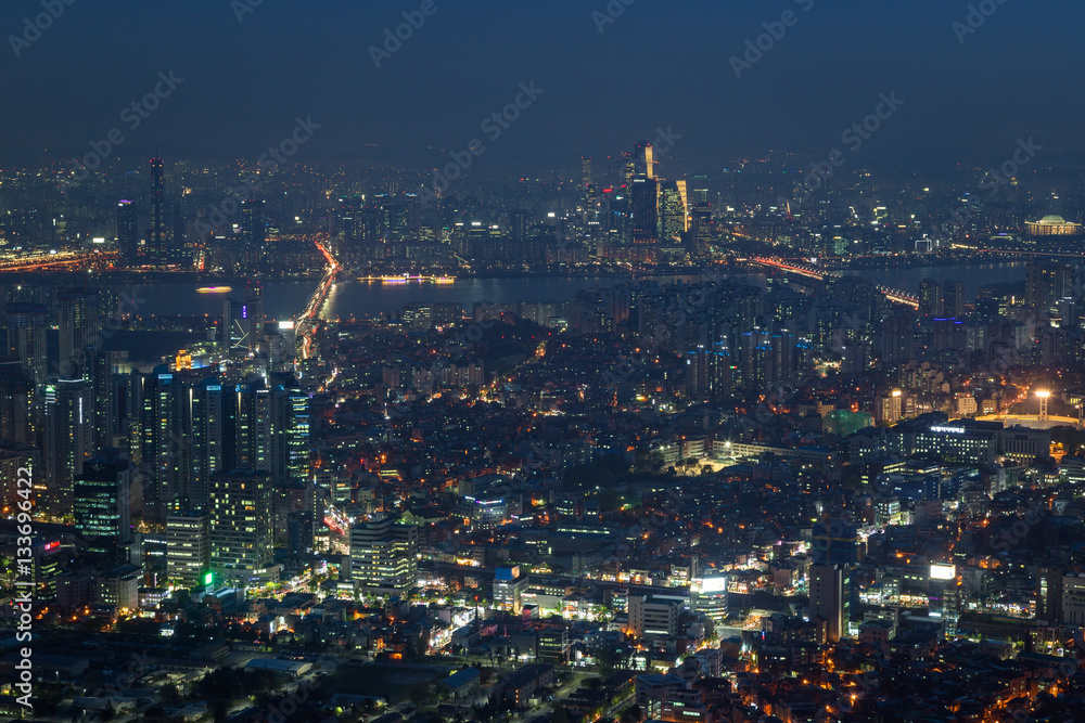 View of downtown in Seoul, South Korea, from above at night.