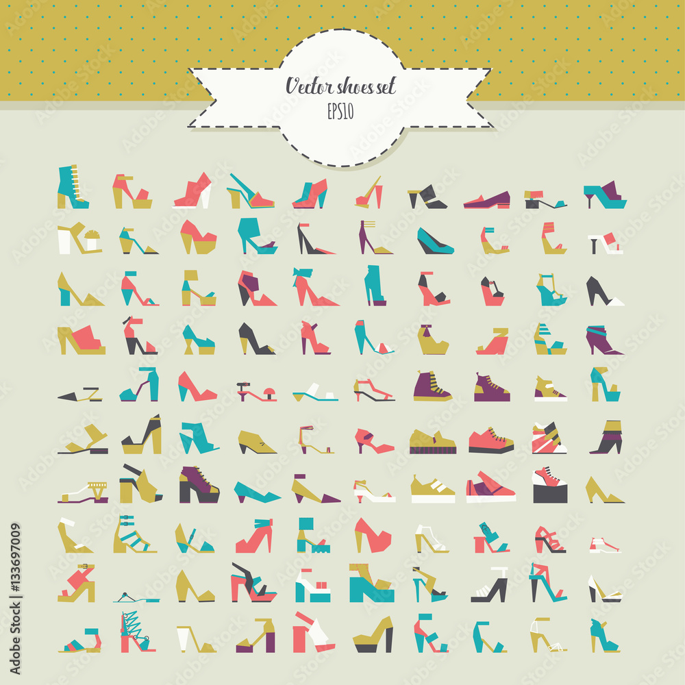 Obraz premium Big beautiful bundle with flat women shoes in different design - flats, heels, platform, wedge and many more. Vector fashion illustration set in bright colors. Various footwear for girl and women