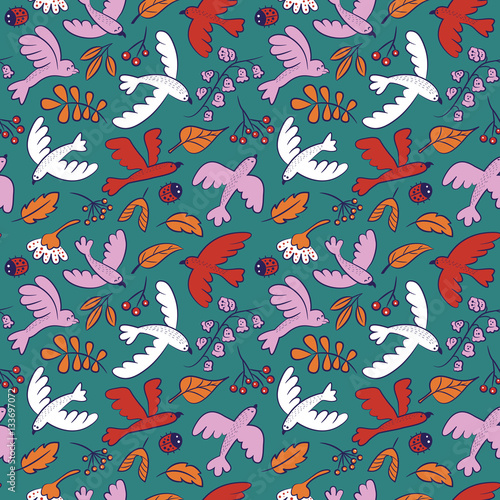 Vector seamless pattern with cute cartoon birds, plants,berries