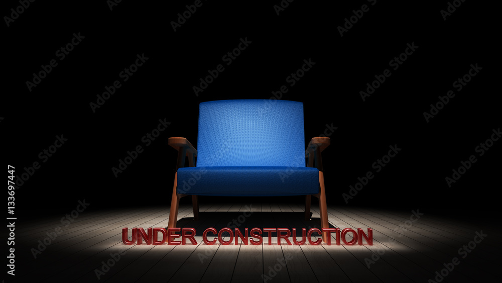 blue chair in the dark with under construction sign 3D rendering blue chair in the dark with under construction sign 3D rendering