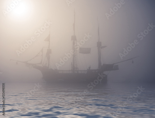 mysterious ghost ship on foggy water