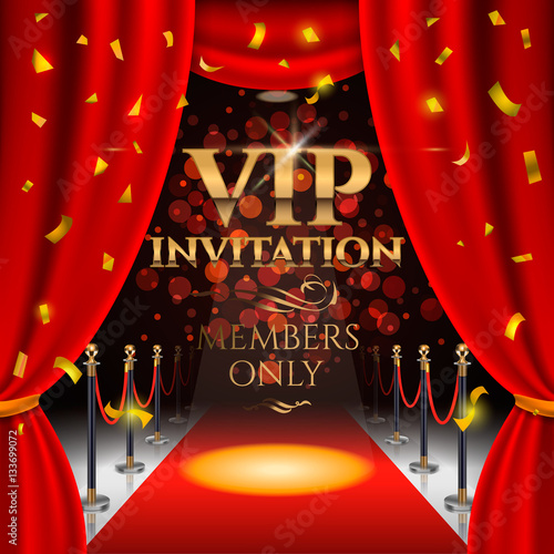 VIP invitation inscriptions with red theater curtains and velvet carpet.