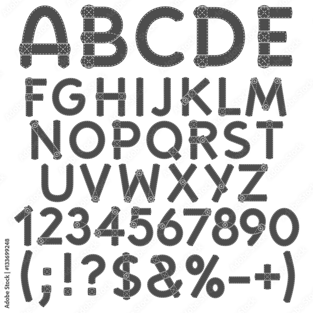 Letters, numbers and signs of cloth. Isolated objects on white. Letters, numbers and signs of cloth. Isolated objects on white.